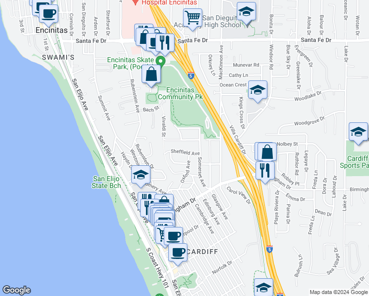 map of restaurants, bars, coffee shops, grocery stores, and more near 502 Sheffield Avenue in Encinitas