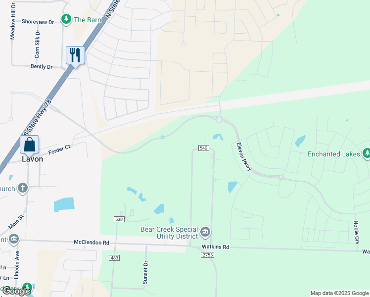 map of restaurants, bars, coffee shops, grocery stores, and more near 9945 County Road 540 in Lavon