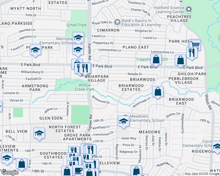 map of restaurants, bars, coffee shops, grocery stores, and more near 2101 Trailridge Drive in Plano