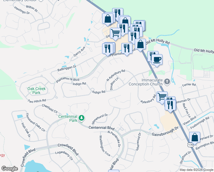 map of restaurants, bars, coffee shops, grocery stores, and more near 831 North Aylesbury Road in Goose Creek