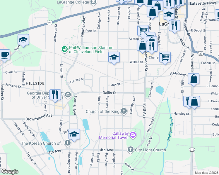 map of restaurants, bars, coffee shops, grocery stores, and more near 701 Park Avenue in LaGrange