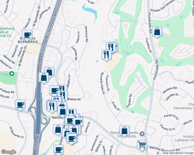map of restaurants, bars, coffee shops, grocery stores, and more near 12150 Bernardo Oaks Court in San Diego