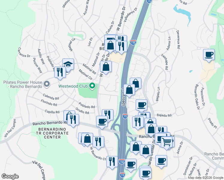 map of restaurants, bars, coffee shops, grocery stores, and more near 17307 Ruette Abeto in San Diego