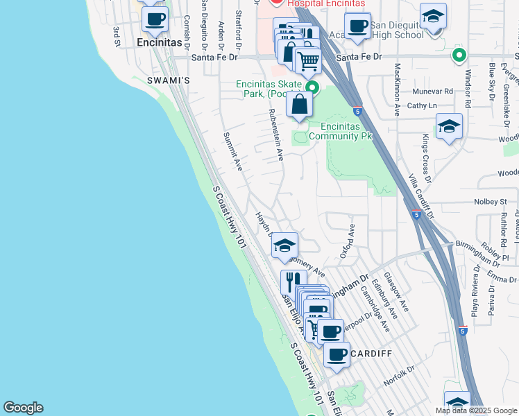 map of restaurants, bars, coffee shops, grocery stores, and more near 1618 Haydn Drive in Encinitas