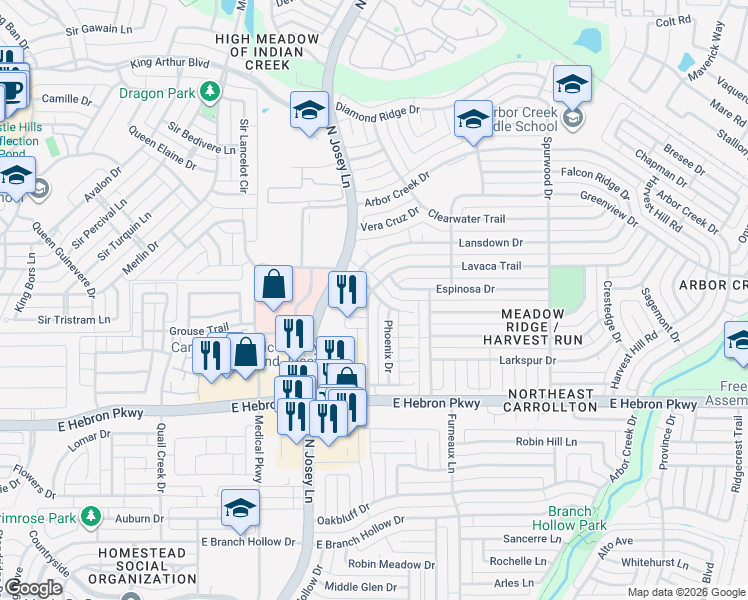 map of restaurants, bars, coffee shops, grocery stores, and more near 4256 Lavaca Trail in Carrollton