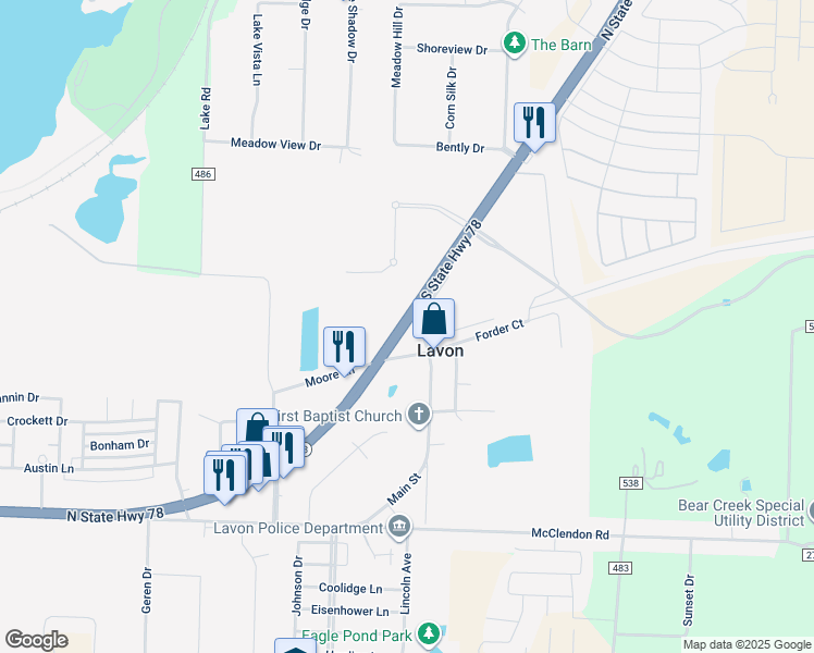 map of restaurants, bars, coffee shops, grocery stores, and more near Texas 78 in Lavon