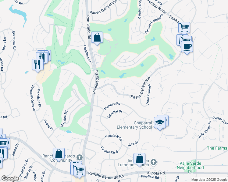 map of restaurants, bars, coffee shops, grocery stores, and more near 17431 Plaza Destacado in San Diego