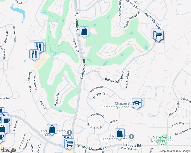 map of restaurants, bars, coffee shops, grocery stores, and more near 17432 Plaza Destacado in San Diego