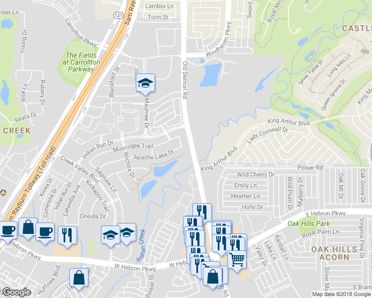 map of restaurants, bars, coffee shops, grocery stores, and more near 4300 Hopi Drive in Carrollton