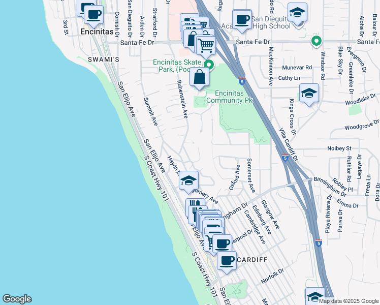 map of restaurants, bars, coffee shops, grocery stores, and more near 1641 Rubenstein Drive in Encinitas