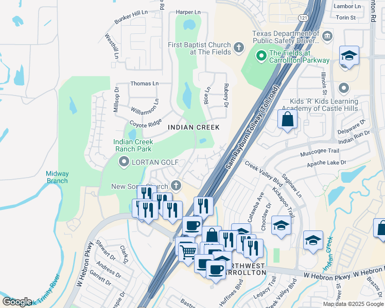 map of restaurants, bars, coffee shops, grocery stores, and more near 1600 Kimble Drive in Carrollton