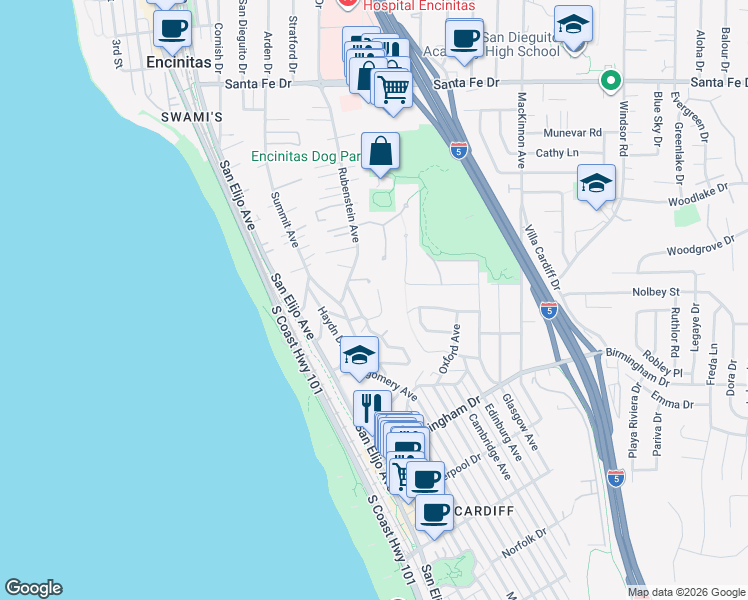 map of restaurants, bars, coffee shops, grocery stores, and more near 1660 Brahms Road in Encinitas