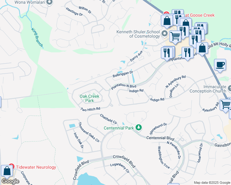map of restaurants, bars, coffee shops, grocery stores, and more near 416 Indigo Road in Goose Creek