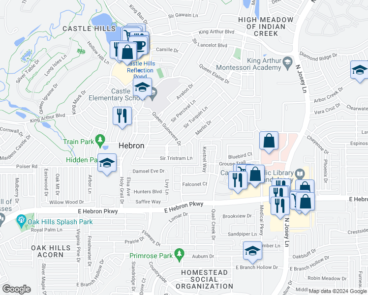 map of restaurants, bars, coffee shops, grocery stores, and more near 1201 Queen Guinevere Drive in Lewisville