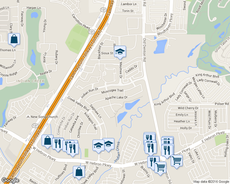 map of restaurants, bars, coffee shops, grocery stores, and more near 1137 Muscogee Trail in Carrollton