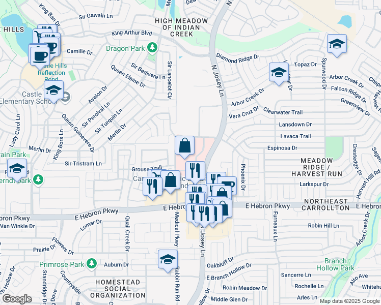 map of restaurants, bars, coffee shops, grocery stores, and more near 4343 North Josey Lane in Carrollton