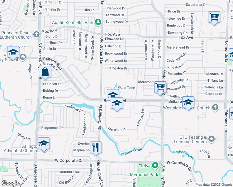 map of restaurants, bars, coffee shops, grocery stores, and more near 13 Bellaire Boulevard in Lewisville