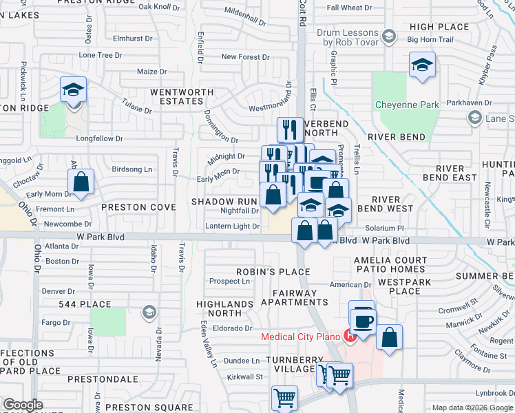 map of restaurants, bars, coffee shops, grocery stores, and more near 2204 Daybreak Trail in Plano
