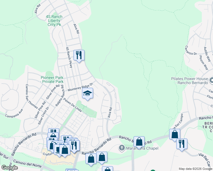 map of restaurants, bars, coffee shops, grocery stores, and more near 260 Alva Road in San Diego