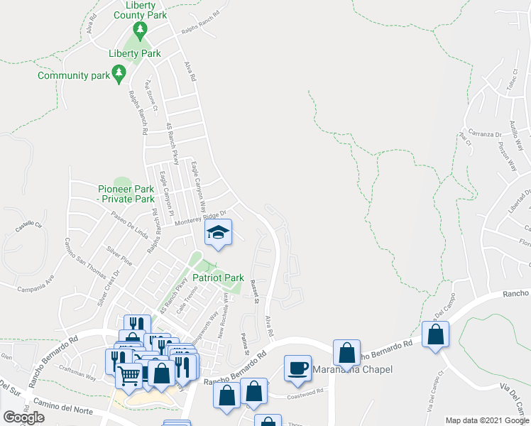 map of restaurants, bars, coffee shops, grocery stores, and more near 260 Alva Road in San Diego