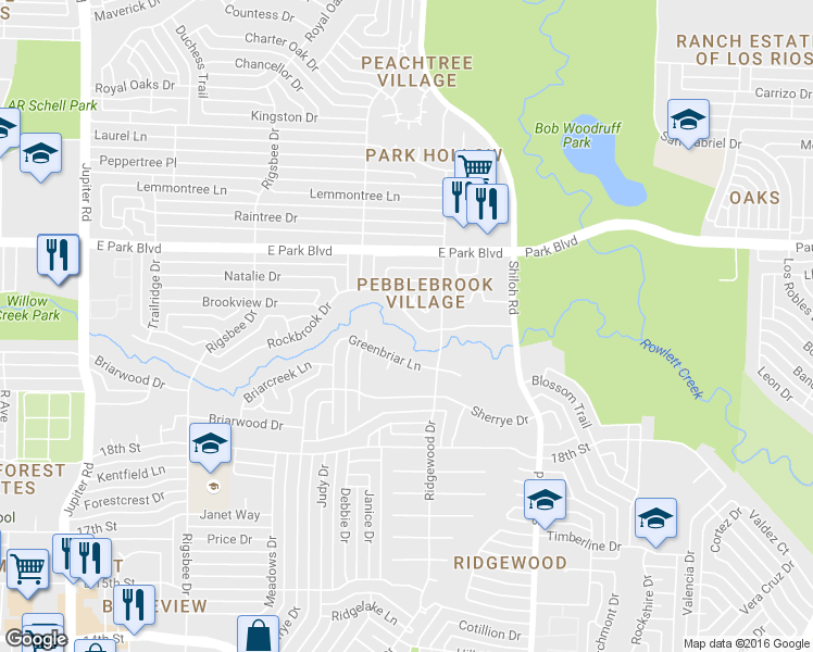 map of restaurants, bars, coffee shops, grocery stores, and more near 3308 Rockbrook Drive in Plano