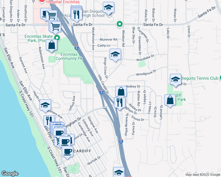 map of restaurants, bars, coffee shops, grocery stores, and more near 1604 Falcon Hill Court in Encinitas