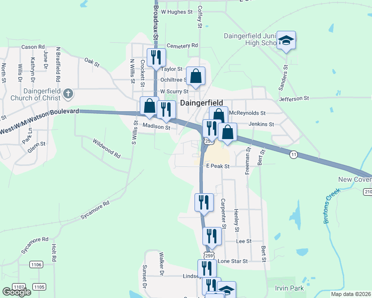 map of restaurants, bars, coffee shops, grocery stores, and more near 501 Williams Street in Daingerfield