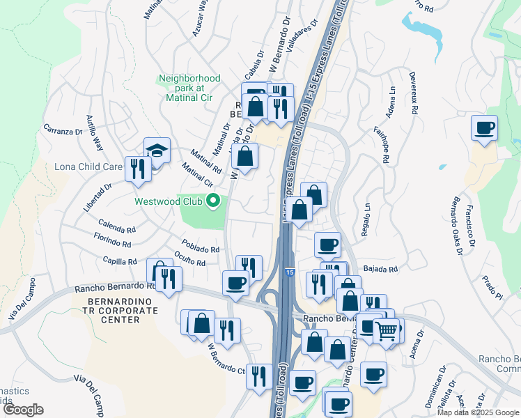 map of restaurants, bars, coffee shops, grocery stores, and more near 17307 Ruette Abeto in San Diego