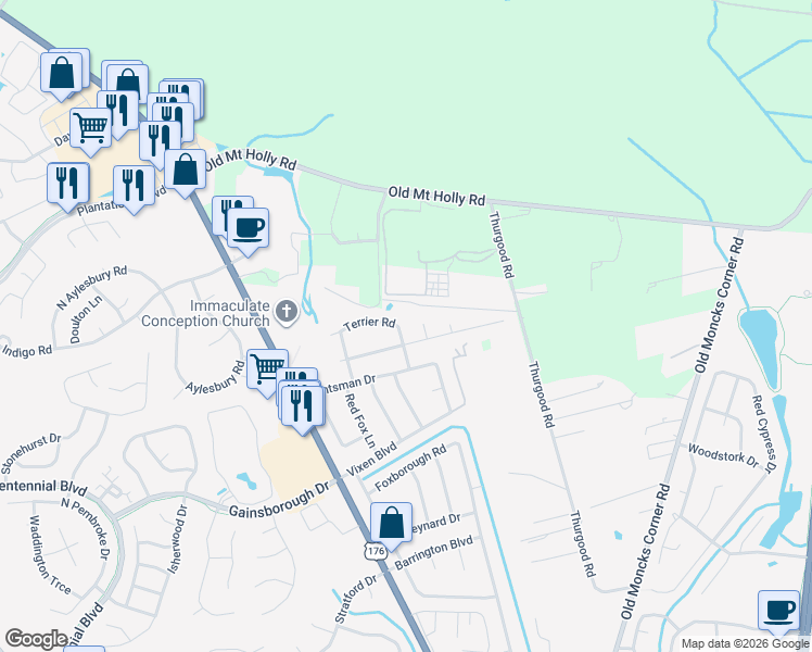 map of restaurants, bars, coffee shops, grocery stores, and more near 404 Terrier Road in Goose Creek