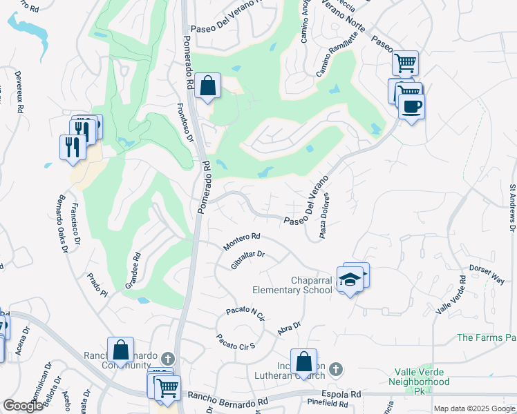 map of restaurants, bars, coffee shops, grocery stores, and more near 17446 Plaza Cerado in San Diego