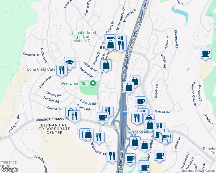 map of restaurants, bars, coffee shops, grocery stores, and more near 17307 Ruette Abeto in San Diego