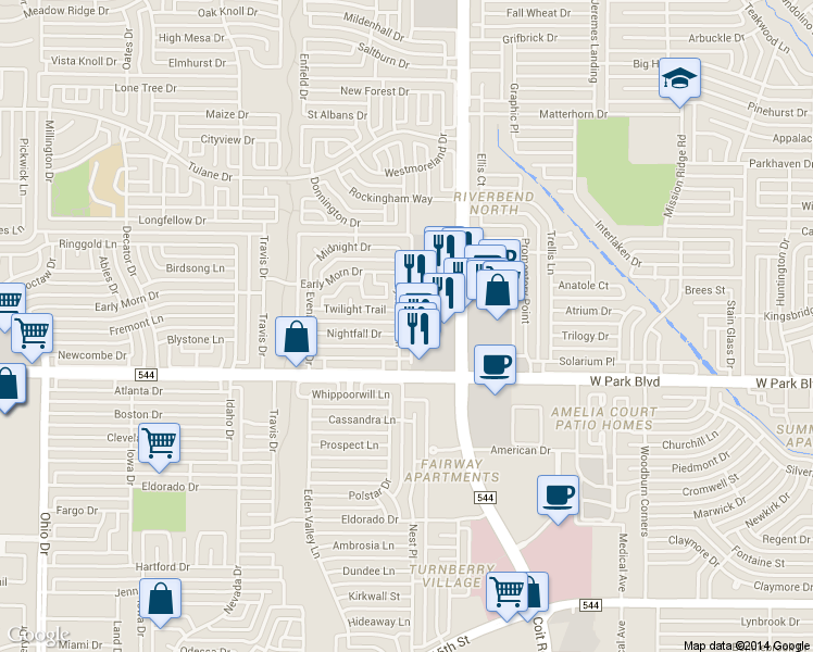 map of restaurants, bars, coffee shops, grocery stores, and more near 2204 Daybreak Trail in Plano