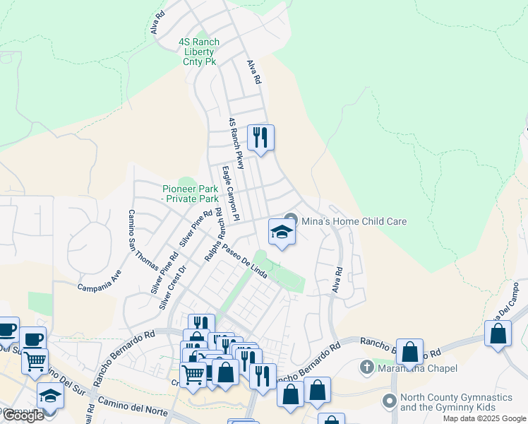map of restaurants, bars, coffee shops, grocery stores, and more near 17212 Eagle Canyon Way in San Diego