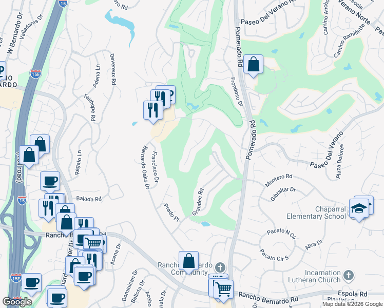 map of restaurants, bars, coffee shops, grocery stores, and more near 17317 Campillo Drive in San Diego