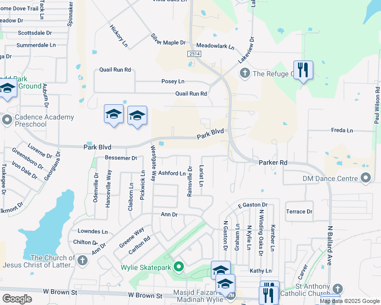map of restaurants, bars, coffee shops, grocery stores, and more near 700 Cedar Bluff Drive in Wylie