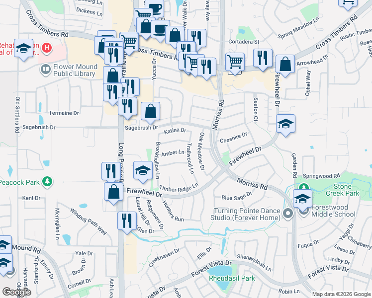 map of restaurants, bars, coffee shops, grocery stores, and more near 2400 Amber Lane in Flower Mound