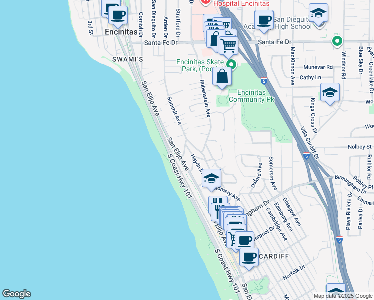 map of restaurants, bars, coffee shops, grocery stores, and more near 1618 Haydn Drive in Encinitas