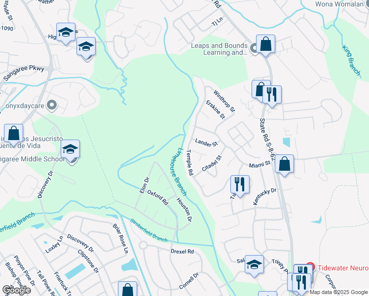 map of restaurants, bars, coffee shops, grocery stores, and more near 603 Temple Road in Ladson