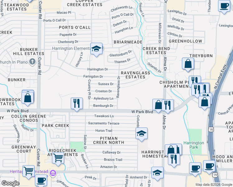 map of restaurants, bars, coffee shops, grocery stores, and more near 1500 Croston Drive in Plano