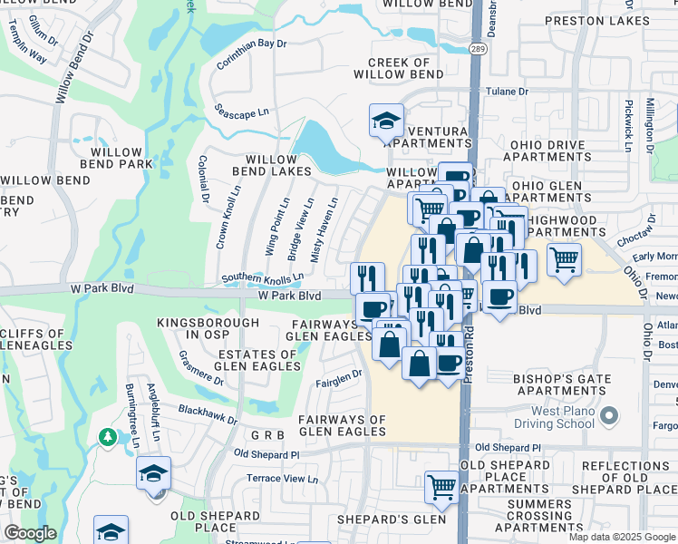 map of restaurants, bars, coffee shops, grocery stores, and more near 5108 Canyongate Drive in Plano