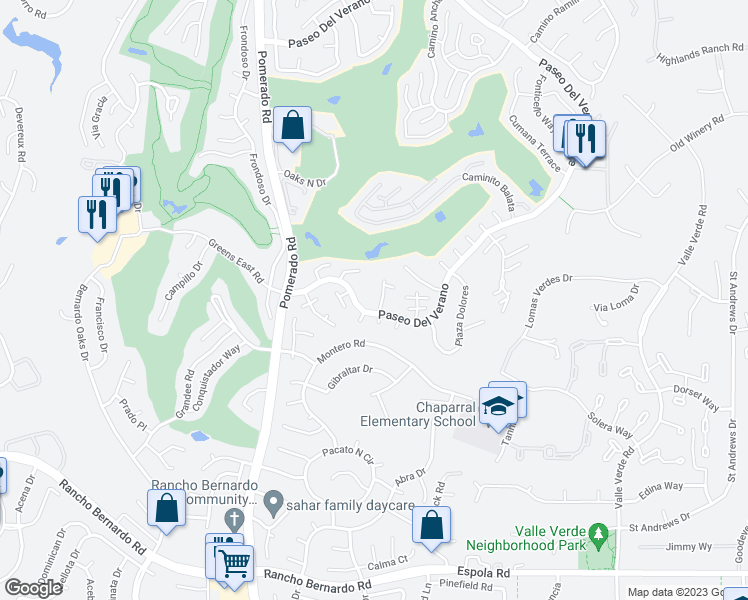 map of restaurants, bars, coffee shops, grocery stores, and more near 17452 Plaza Cerado in San Diego