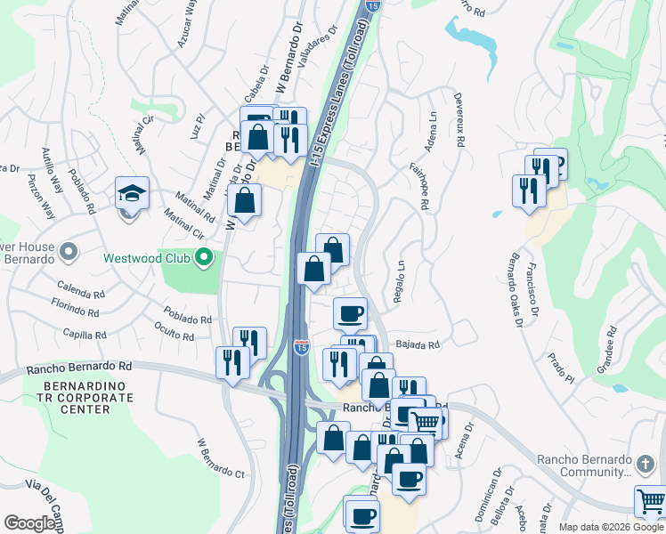 map of restaurants, bars, coffee shops, grocery stores, and more near 11875 Timaru Way in San Diego