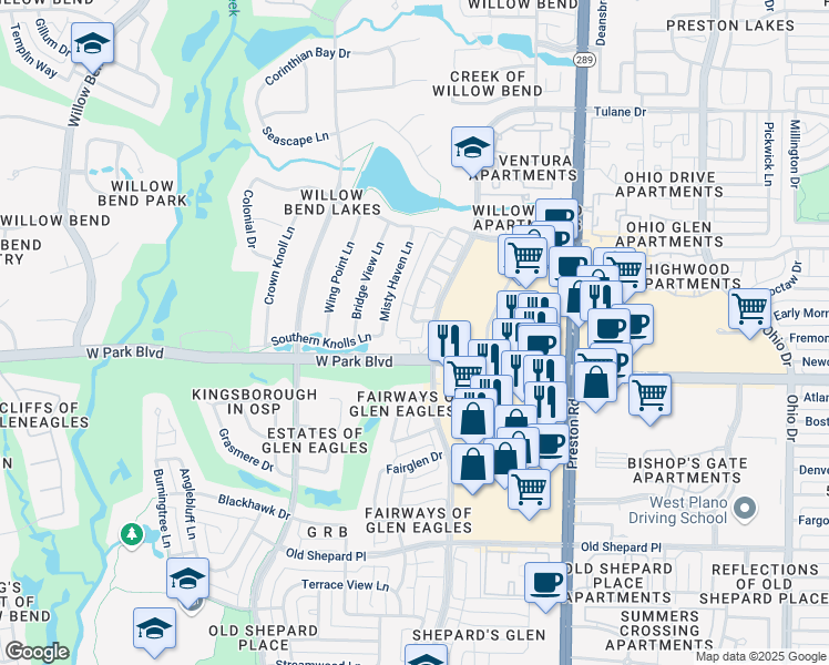 map of restaurants, bars, coffee shops, grocery stores, and more near 5108 Canyongate Drive in Plano
