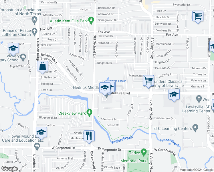 map of restaurants, bars, coffee shops, grocery stores, and more near 13 Bellaire Boulevard in Lewisville