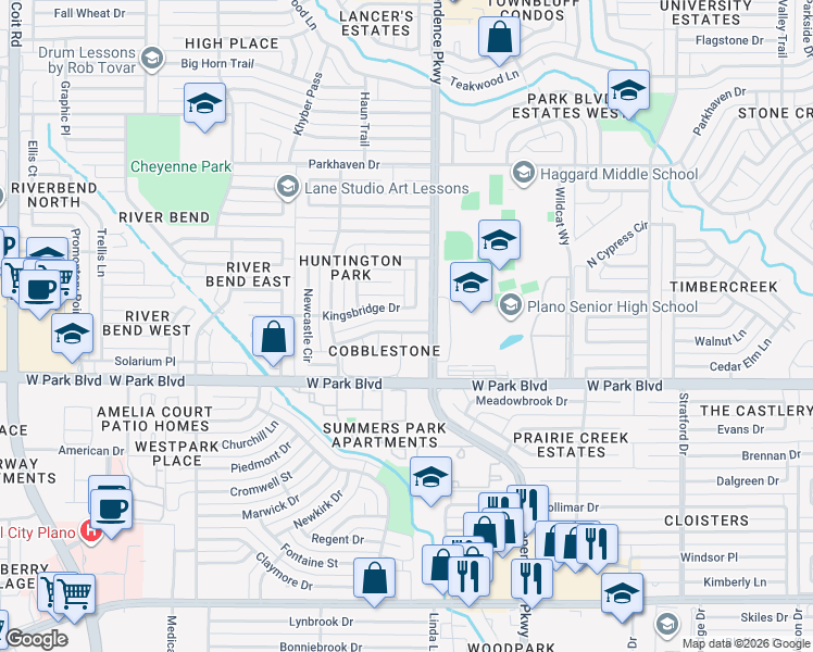 map of restaurants, bars, coffee shops, grocery stores, and more near 3137 Devonshire Drive in Plano