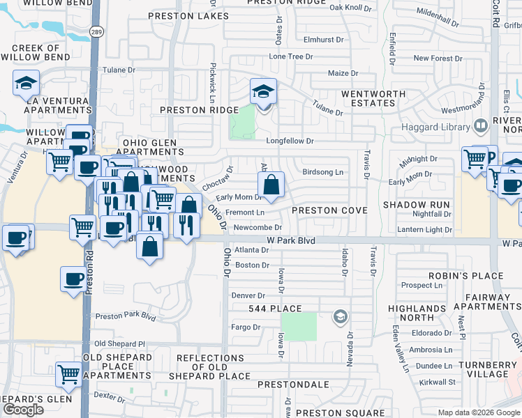 map of restaurants, bars, coffee shops, grocery stores, and more near 4533 Fremont Lane in Plano