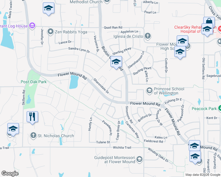 map of restaurants, bars, coffee shops, grocery stores, and more near 4013 Kimberly Drive in Flower Mound