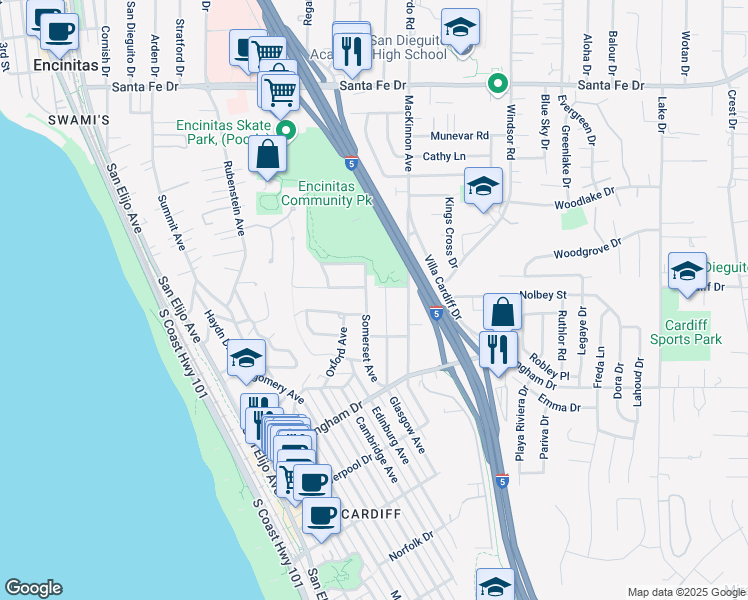 map of restaurants, bars, coffee shops, grocery stores, and more near 1625 Somerset Avenue in Encinitas