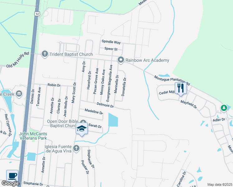 map of restaurants, bars, coffee shops, grocery stores, and more near 144 Marinella Drive in Goose Creek