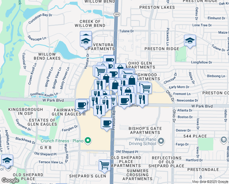 map of restaurants, bars, coffee shops, grocery stores, and more near 2500 Preston Road in Plano